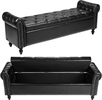 VEVOR Button-Tufted Storage Ottoman Bench, Rolled Arm PU Leather Bench with Solid Wood Legs, Modern Shoe Benches Seat for Entryway, Upholstered End of Bed Benches for Living Room, Dining Room, Black