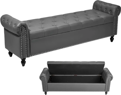 VEVOR Button-Tufted Storage Ottoman Bench, Rolled Arm PU Leather Bench with Solid Wood Legs, Modern Shoe Benches Seat for Entryway, Upholstered End of Bed Benches for Living Room, Dining Room, Gray