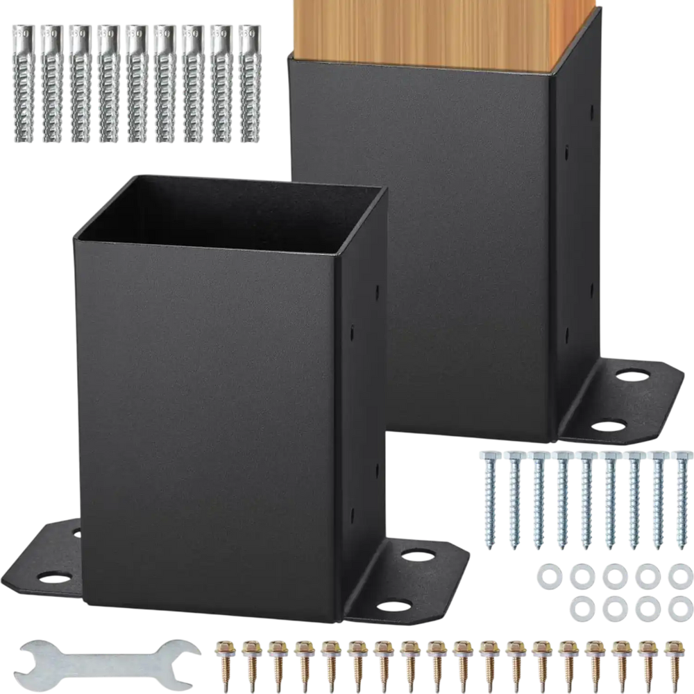 VEVOR 4x4 Post Base 2 Pcs, Inner Size 3.6"x3.6" Post Base Brackets, Heavy Duty Powder-Coated Post Anchor Matte Black Wood Post Brackets for Pavilion Deck Railing Support Deck Base Plate