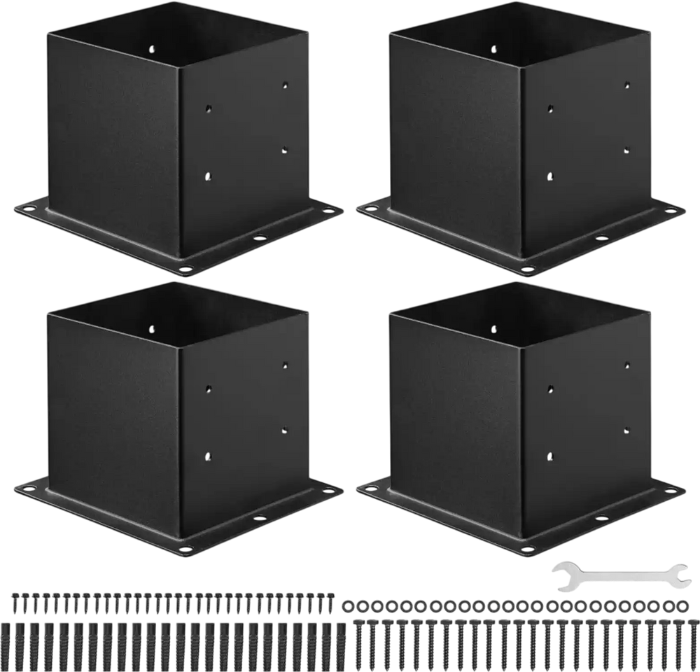 VEVOR 4x4 Post Base 4 Pcs, Inner Size 3.6x3.6 inch / 92x92 mm Post Brackets, Heavy Duty Carbon Steel Decking Posts, Wood Posts Brackets for Pavilion Deck Railing Support Deck Base Plate, Black