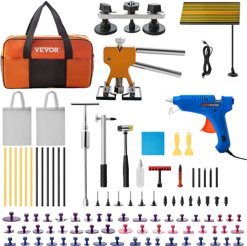 VEVOR Dent Removal Tool, 89 Pcs Paintless Dent Repair Tools, Led Baffle Board Car Dent Repair Kit, Glue Puller Tabs Dent Puller Kit for Auto Dent Removal, Minor Dents, Door Dings and Hail Damage