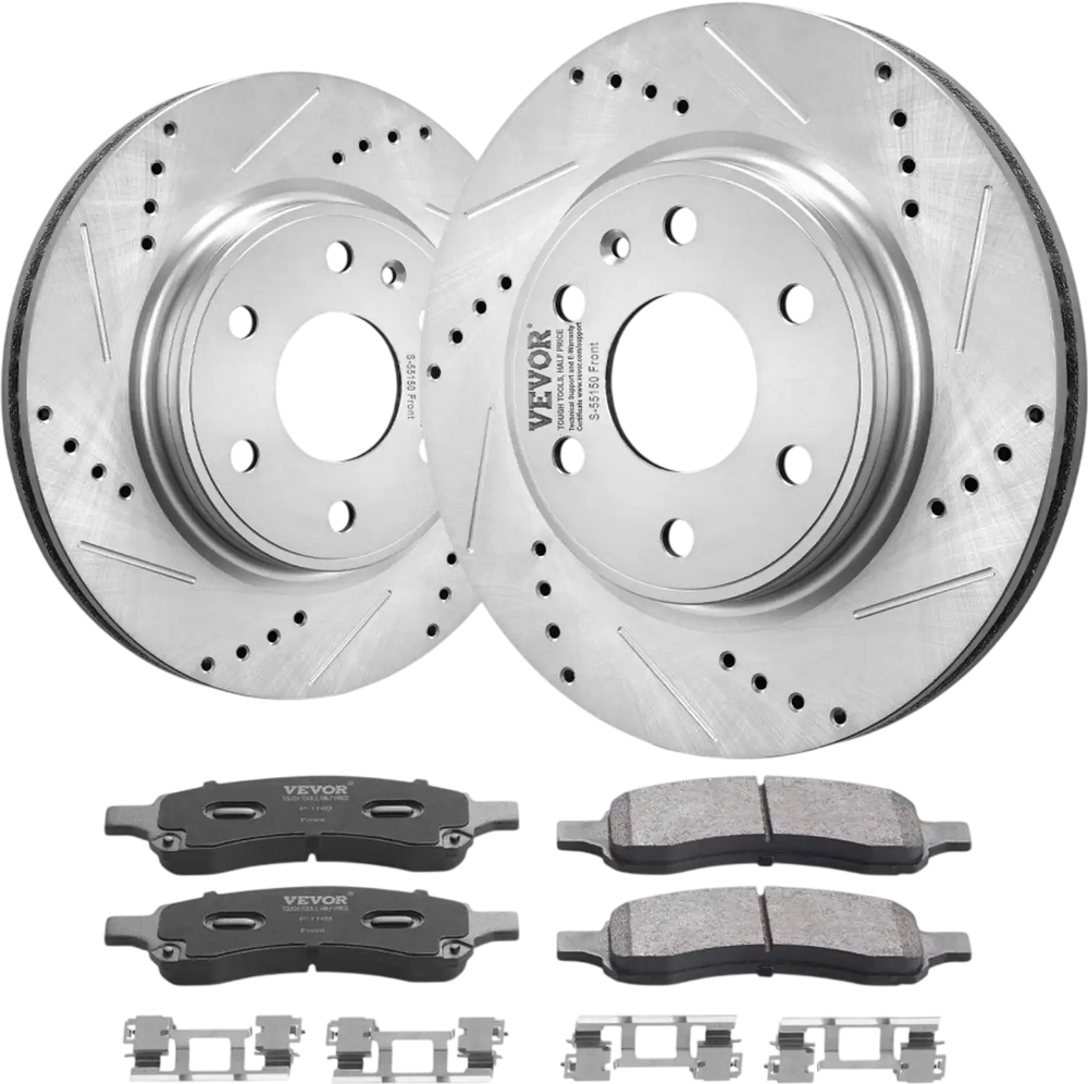 VEVOR Front Brake Kit Compatible with 2007-2017 Chevy Traverse, Buick Enclave, GMC Acadia, Saturn Outlook, Drilled and Slotted Brake Rotors Ceramic Brake Pads Replacement Kit, 12.8" Front Rotors