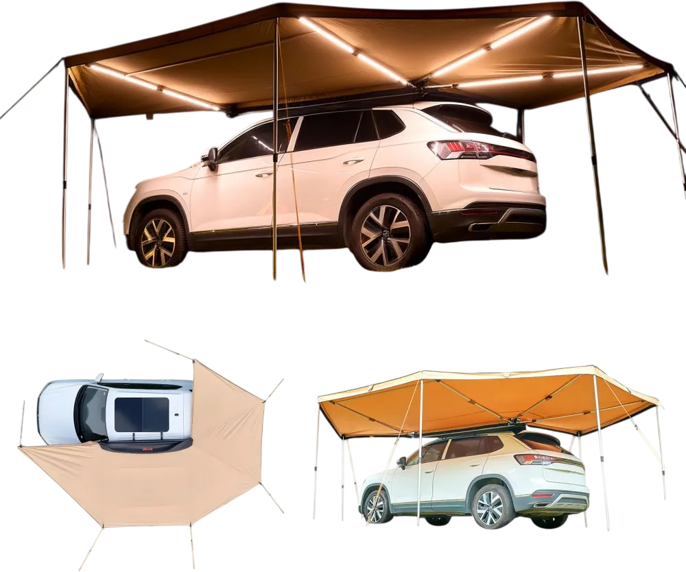 VEVOR 270 Degree Awning with Bulit-in LED Lights, 117 sq.ft Driver Side Vehicle Awning, Waterproof UV50+ Car Side Awnings, All-Weather Free-Standing Overland Awnings Car Shelter for SUV Truck Camping