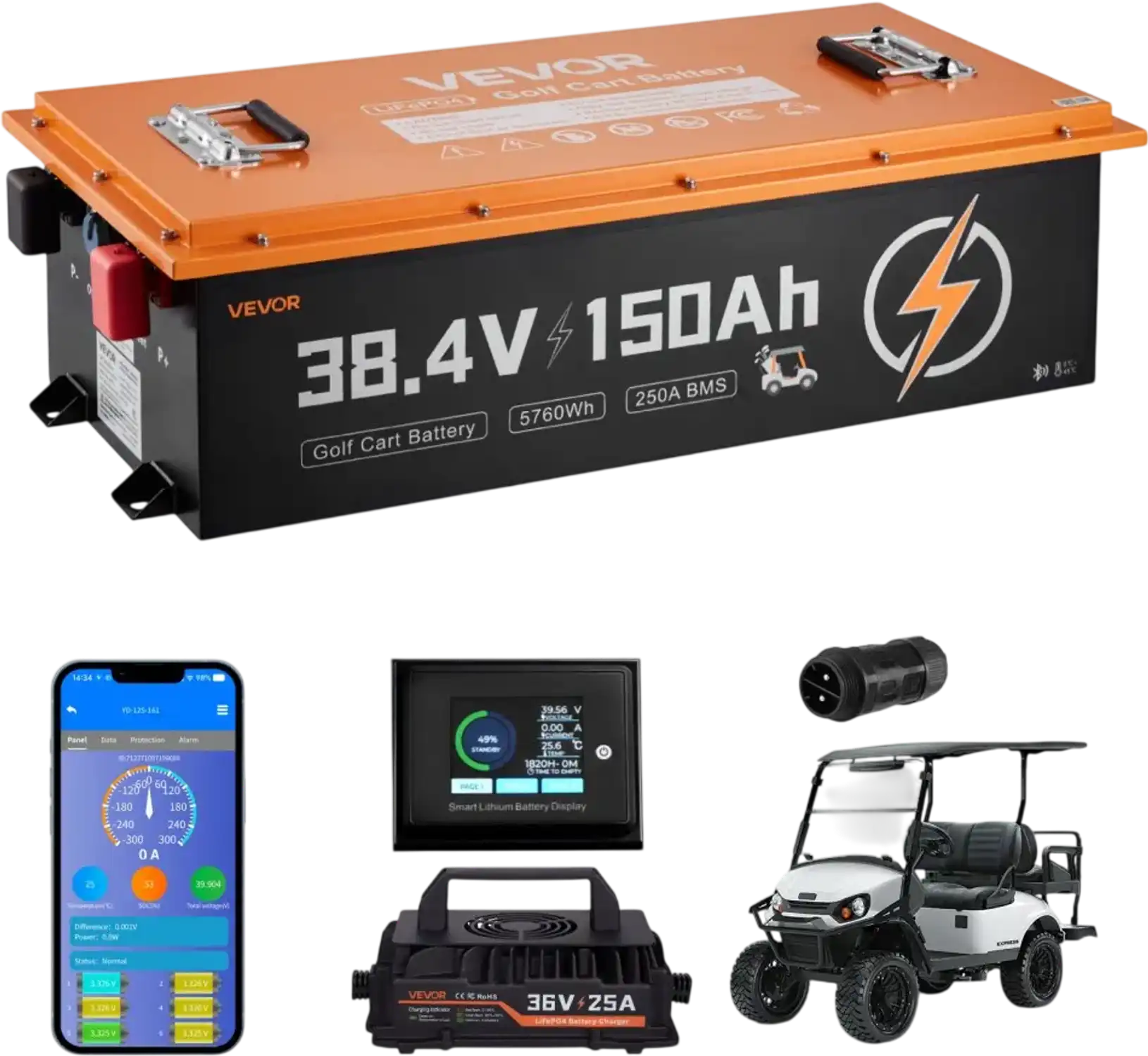 Vevor Golf Cart Battery 38.4V 150Ah LiFePO4 Battery & Charger Kit New