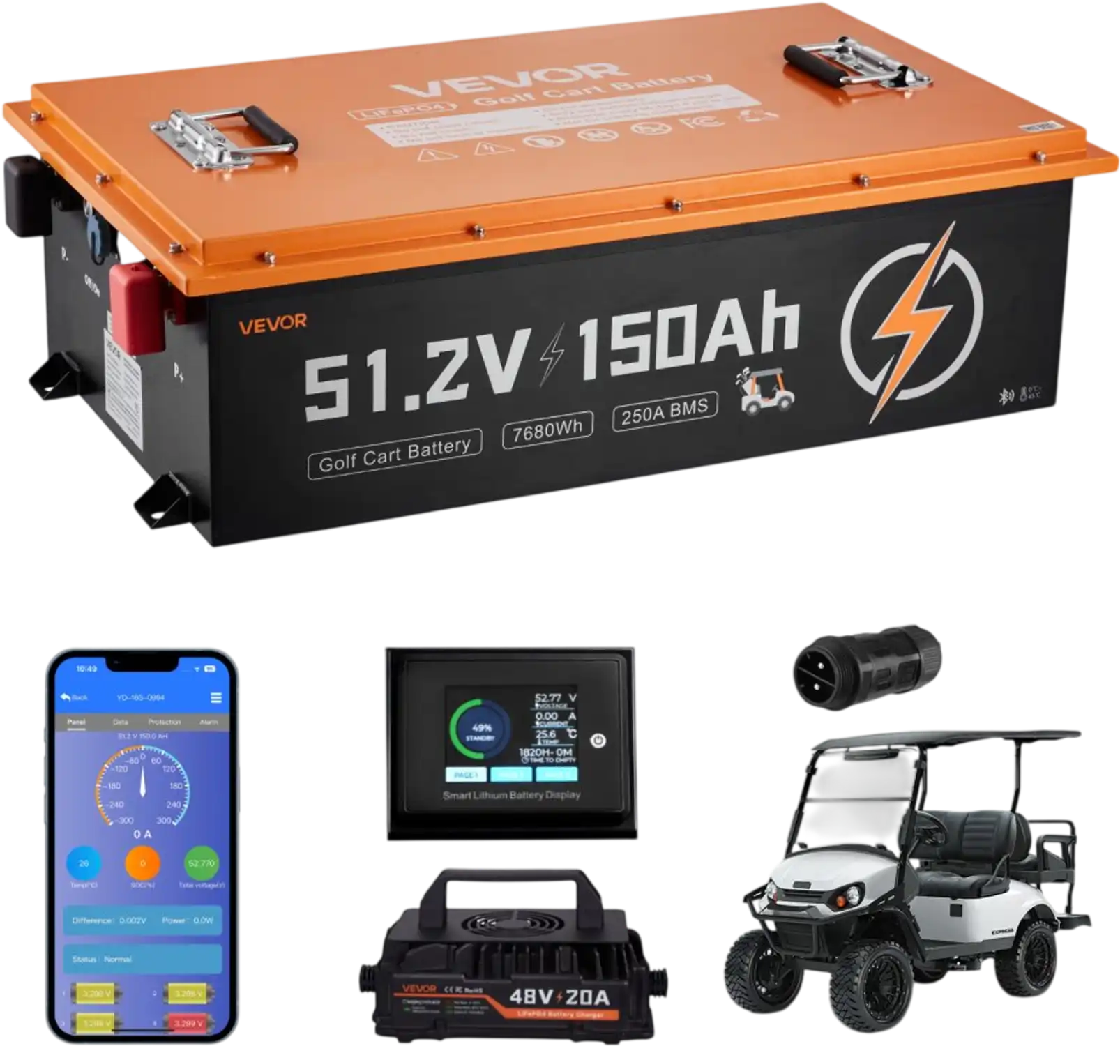 Vevor Golf Cart Battery 48V 150Ah LiFePO4 with 20A Charger Bluetooth Touch Monitor New