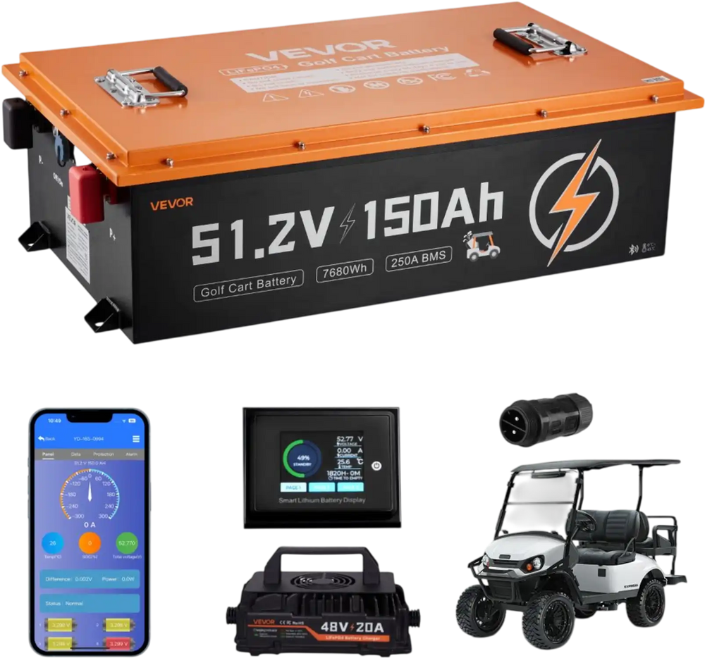VEVOR 48V (51.2V) 150AH Lithium Golf Cart Battery, with 20A Charger, Lifepo4 Battery Kit, Built-in 250A BMS, with Bluetooth & Touch Monitor, 2C Discharge, 4000 Cycles, for Golf Carts, Trolling Motors