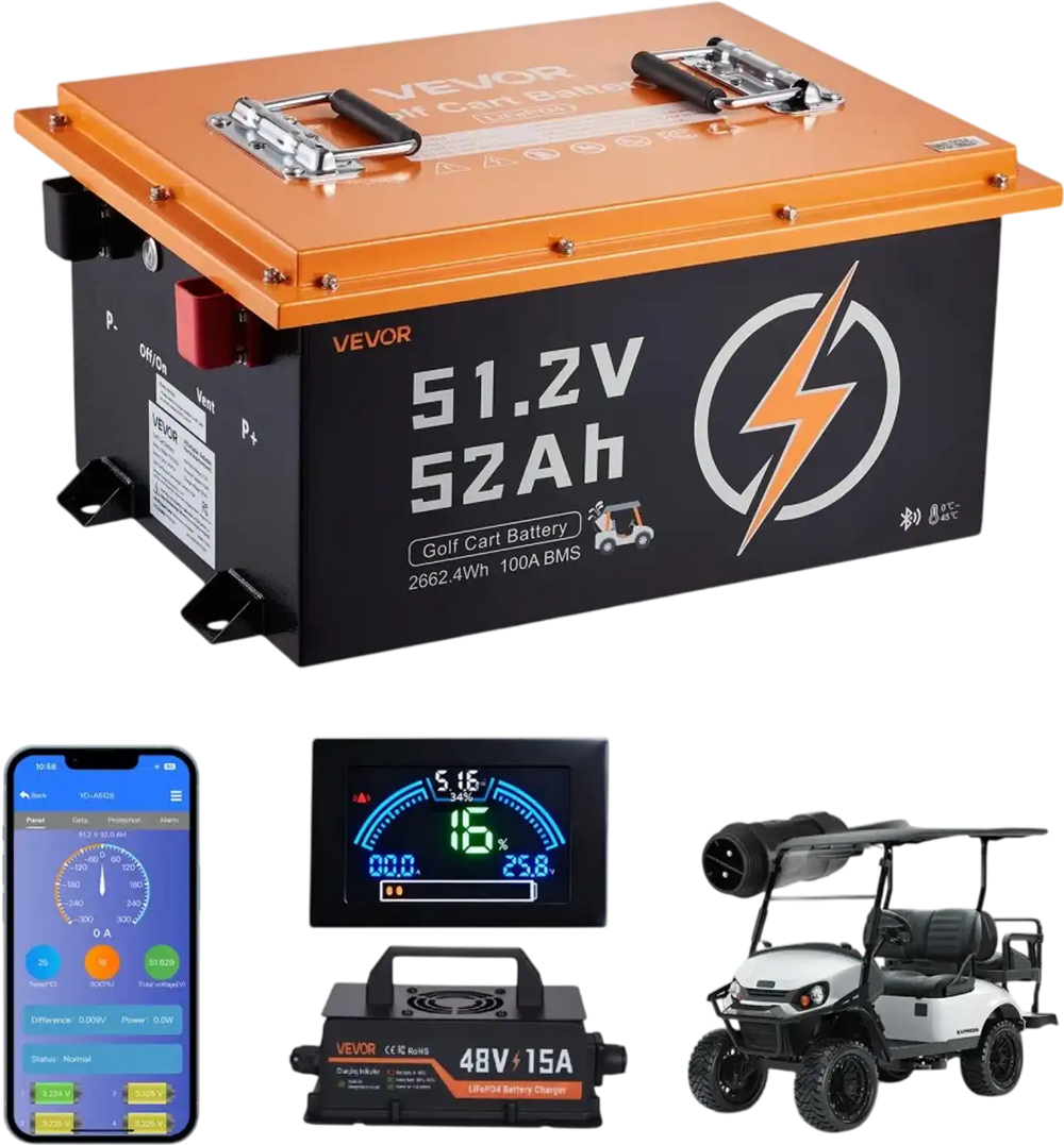 VEVOR 48V (51.2V) 52AH Lithium Golf Cart Battery, with 15A Charger, Lifepo4 Battery Kit, Built-in 100A BMS, with Bluetooth Mobile APP & Display Monitor, 4000 Cycles, for Golf Carts, Trolling Motors