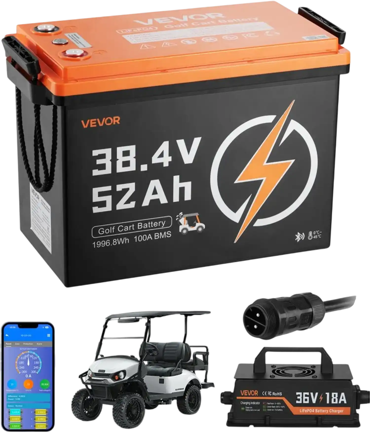Vevor Golf Cart Battery 38.4V 52Ah LiFePO4 Battery Kit with 18A Charger New