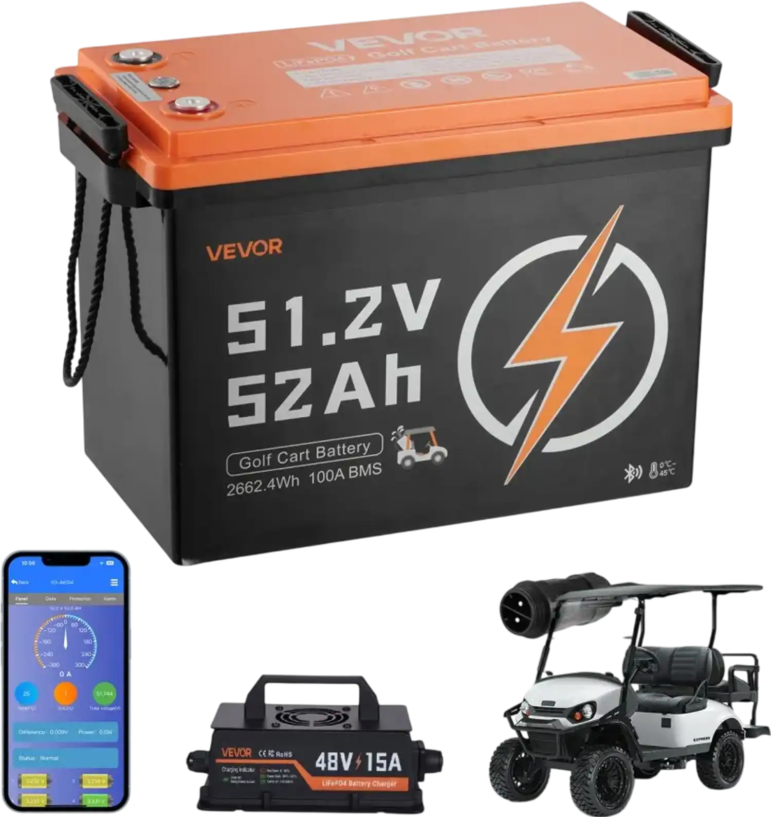 Vevor Golf Cart Battery 48V 52Ah LiFePO4 with 15A Charger New