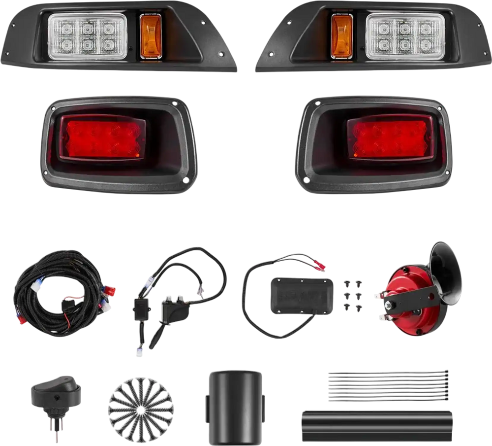 VEVOR Golf Cart Light Kit, 12 Volt, Street Legal LED Headlight and Tail Light Kit with Wiring Harness, Turn Signals, Hazard Light, Switch Horn, Brake Pad, Zip Ties, ABS Housing, for EZGO TXT 1996-2013
