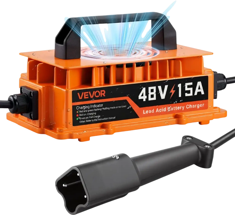 VEVOR Golf Cart Battery Charger 48V 15A Yamaha G29 Drive 3-Pin Leaf Plug, Only for Lead Acid Battery, Aluminum Alloy Shell, Trickle Charging, LED Indicator Light, with Cooling Fan, IP67 Waterproof