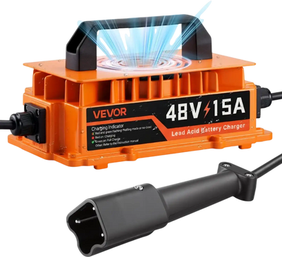 VEVOR Golf Cart Battery Charger 48V 15A Yamaha G29 Drive 3-Pin Leaf Plug, Only for Lead Acid Battery, Aluminum Alloy Shell, Trickle Charging, LED Indicator Light, with Cooling Fan, IP67 Waterproof