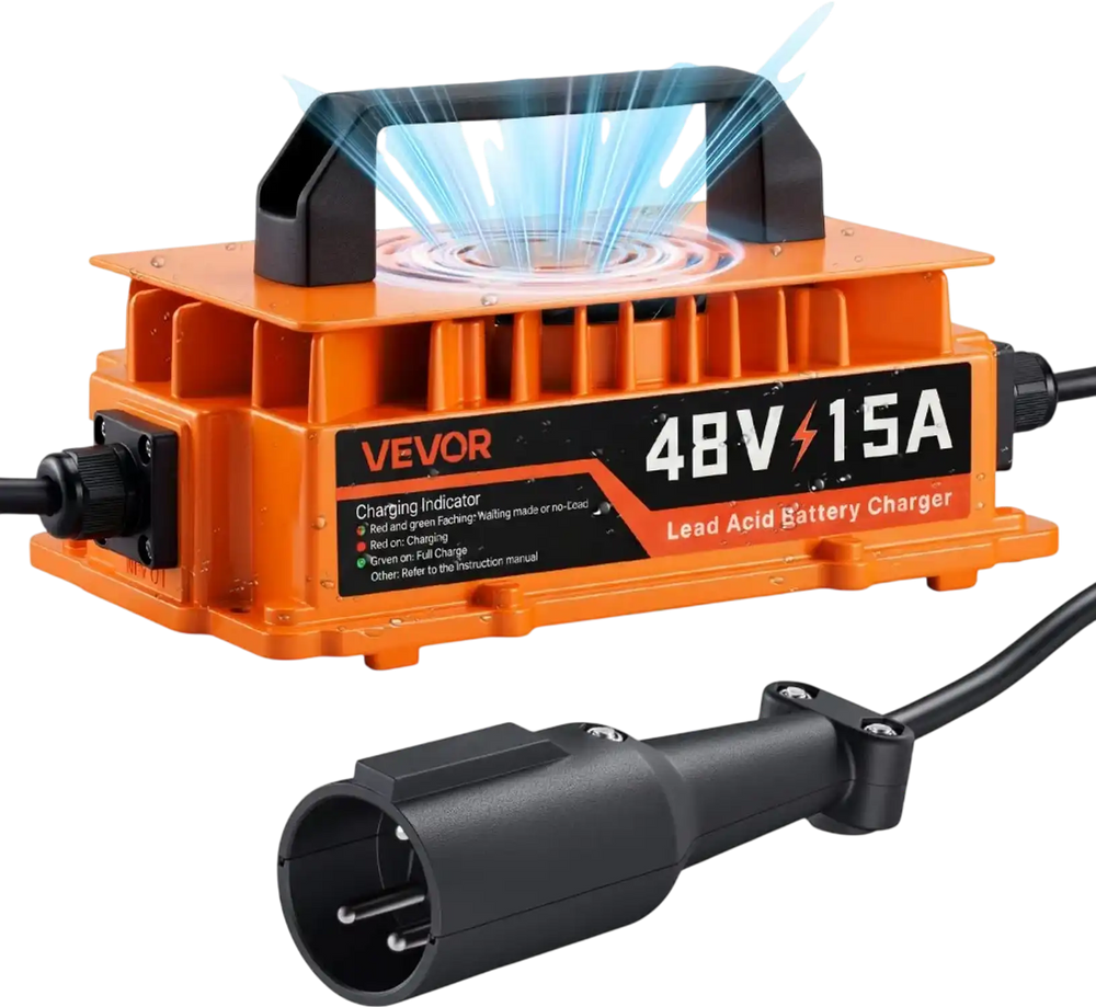 VEVOR Golf Cart Battery Charger 48V 15A Club Car Charger 3-Pin Round Plug, Only for Lead Acid Battery, Aluminum Alloy Shell, Trickle Charging, LED Indicator Light, with Cooling Fan, IP67 Waterproof