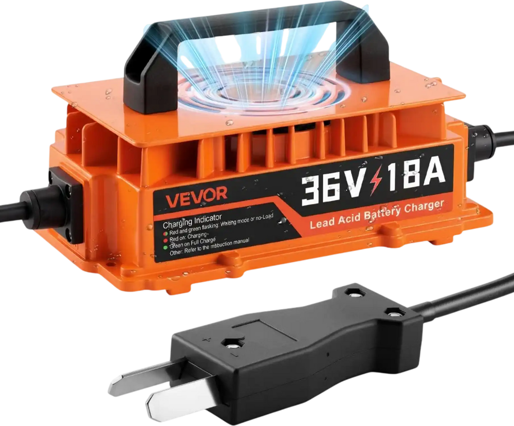 VEVOR Golf Cart Battery Charger 36V 18A Smart Charger with Crowfoot Plug, Only for Lead Acid Battery, Aluminum Alloy Shell, Trickle Charging, LED Indicator Light, with Cooling Fan, IP67 Waterproof