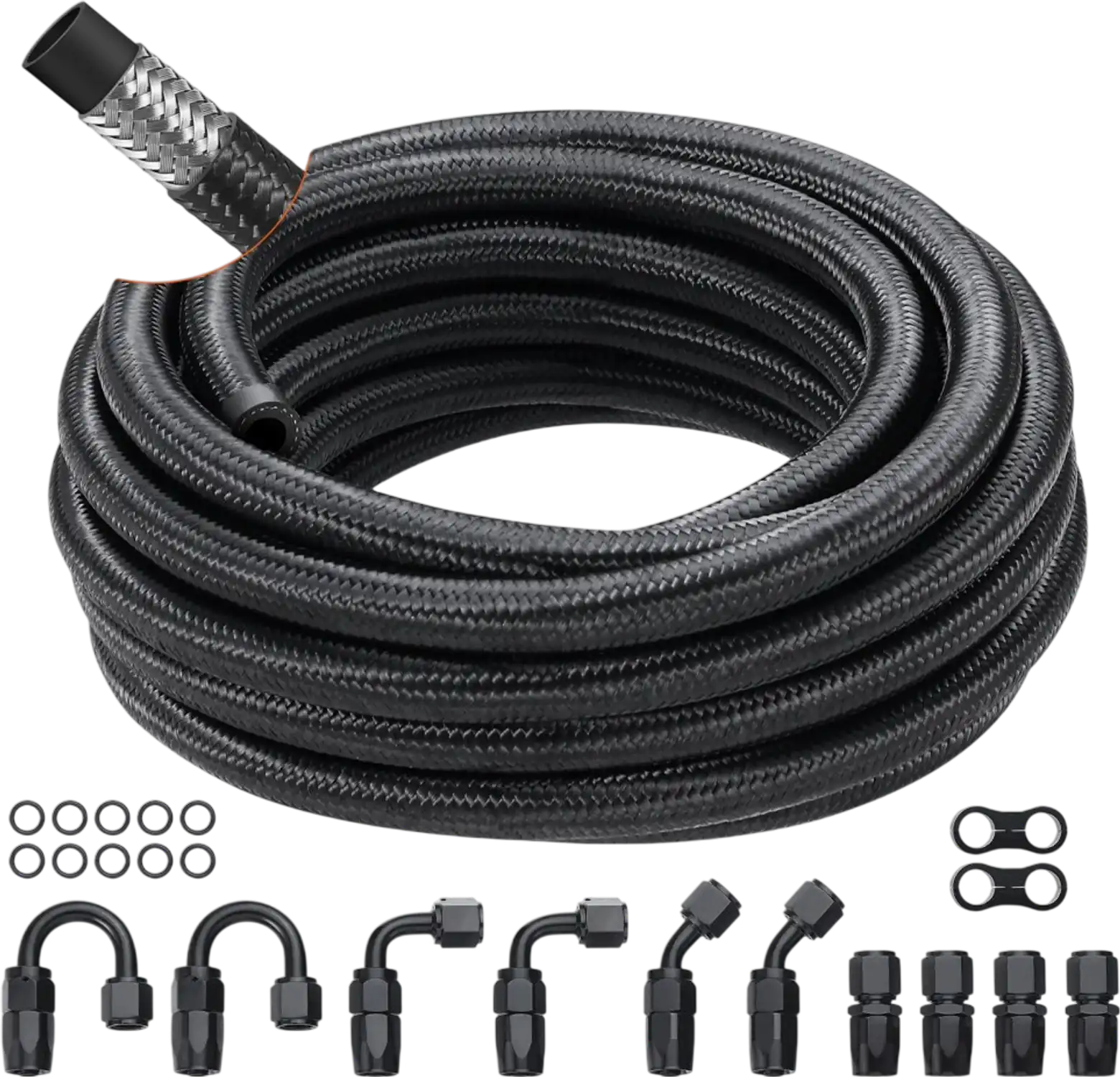 Vevor Fuel Line Kit 20' 8AN Braided Nylon Stainless Steel Hose with 12-Pc Swivel Fittings Black New