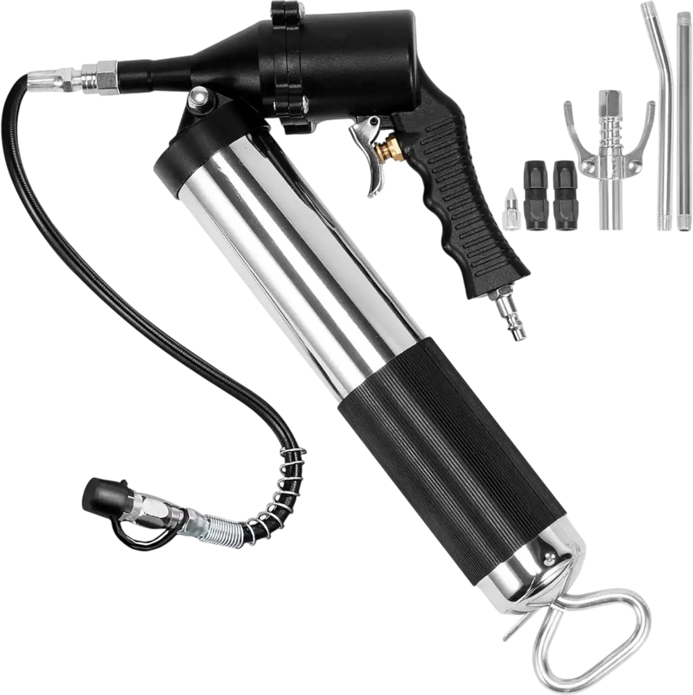 VEVOR Air Operated Grease Gun, 6000PSI, 14 OZ/400 CC Capacity Heavy Duty Pneumatic Grease Gun, with 18.5 Inch Flexible Hose, 1 Black Flat Coupler Pointed Coupler Bent Metal Pipe Locking Clamp Coupler