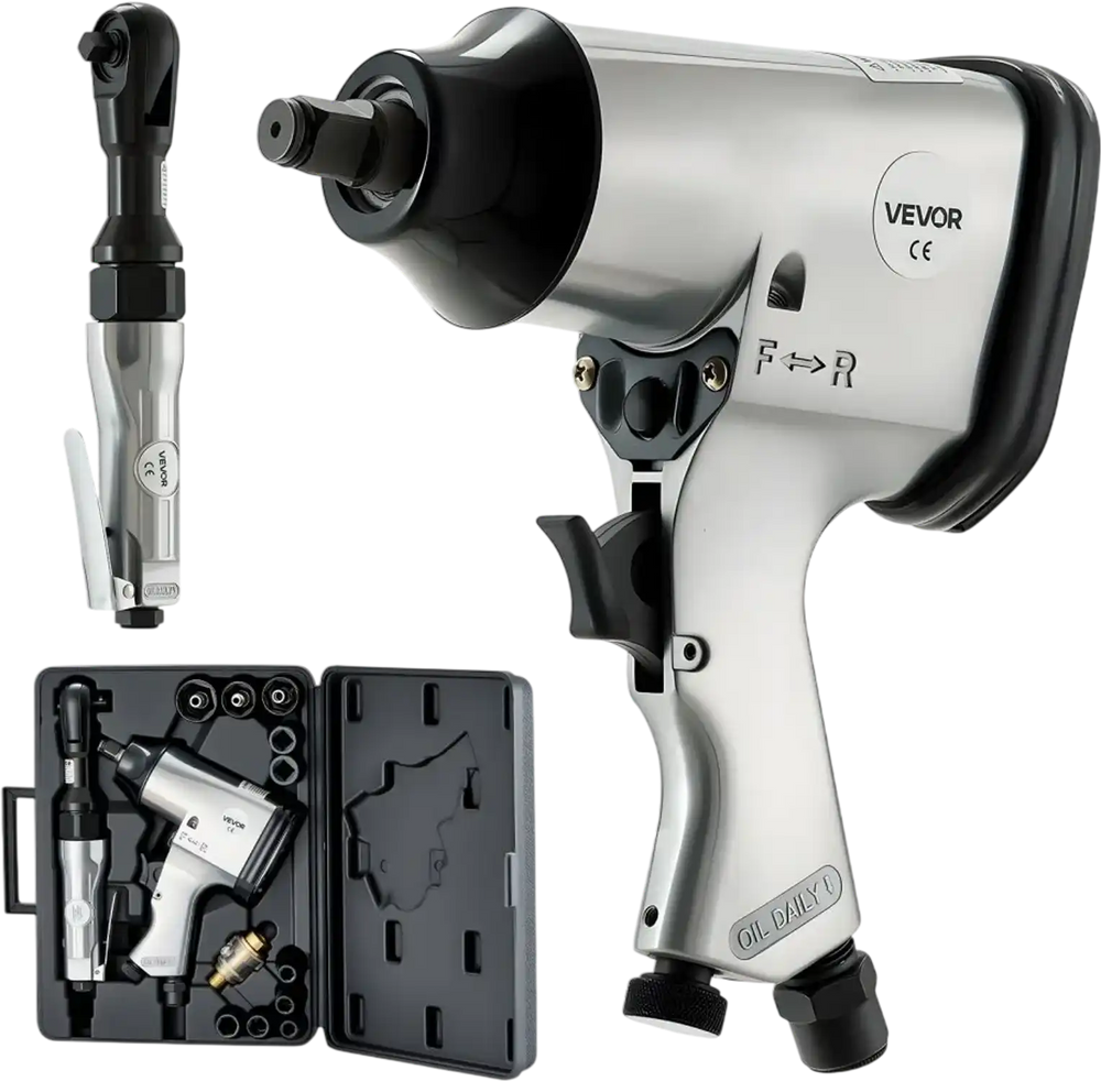 VEVOR 1/2" Air Impact Wrench & 3/8" Ratchet Wrench Combo, 19 Pieces Pro Air Tool and Accessories Kit - Includes 10PCS CR-V Steel Impact Socket Set & Carrying Case for Auto Repair, Home DIY Projects