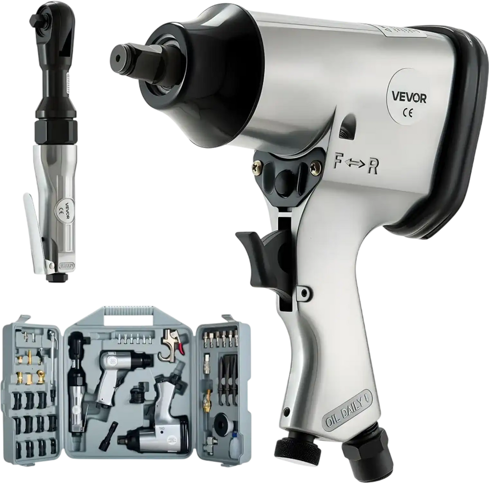 VEVOR 50 Pieces Pro Air Tool and Accessories Kit - 1/2" Air Impact Wrench, 3/8" Ratchet Wrench, 4500BPM Hammer, Blow Gun & Full Accessories for Auto Repairs, Home DIY Projects - with Storage Case