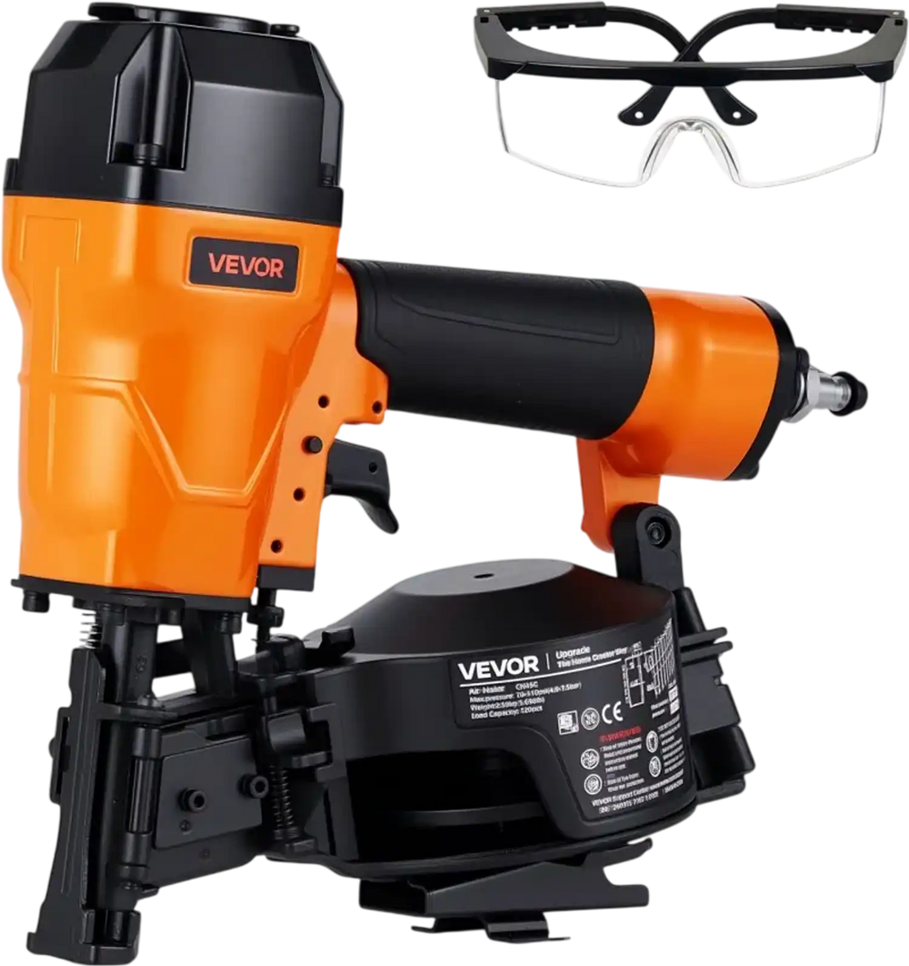 VEVOR Air Roofing Nailer CN45C, 3/4" to 1-3/4" 15 Degree Roofing Nail Gun with Two Firing Modes & Tool-Free Depth Adjustment, 70-110 PSI Pneumatic Coil Nailer for Asphalt Shingles, Roof Sheathing