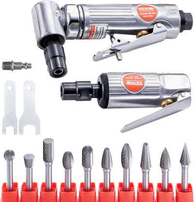 VEVOR Air Die Grinder Kit, Right Angle Grinder w/ Die Grinder Combo & 10PCS Single Cut Carbide Burr Set, Lightweight, Ball Bearing Construction for Grinding, Deburring, Cutting, Polishing