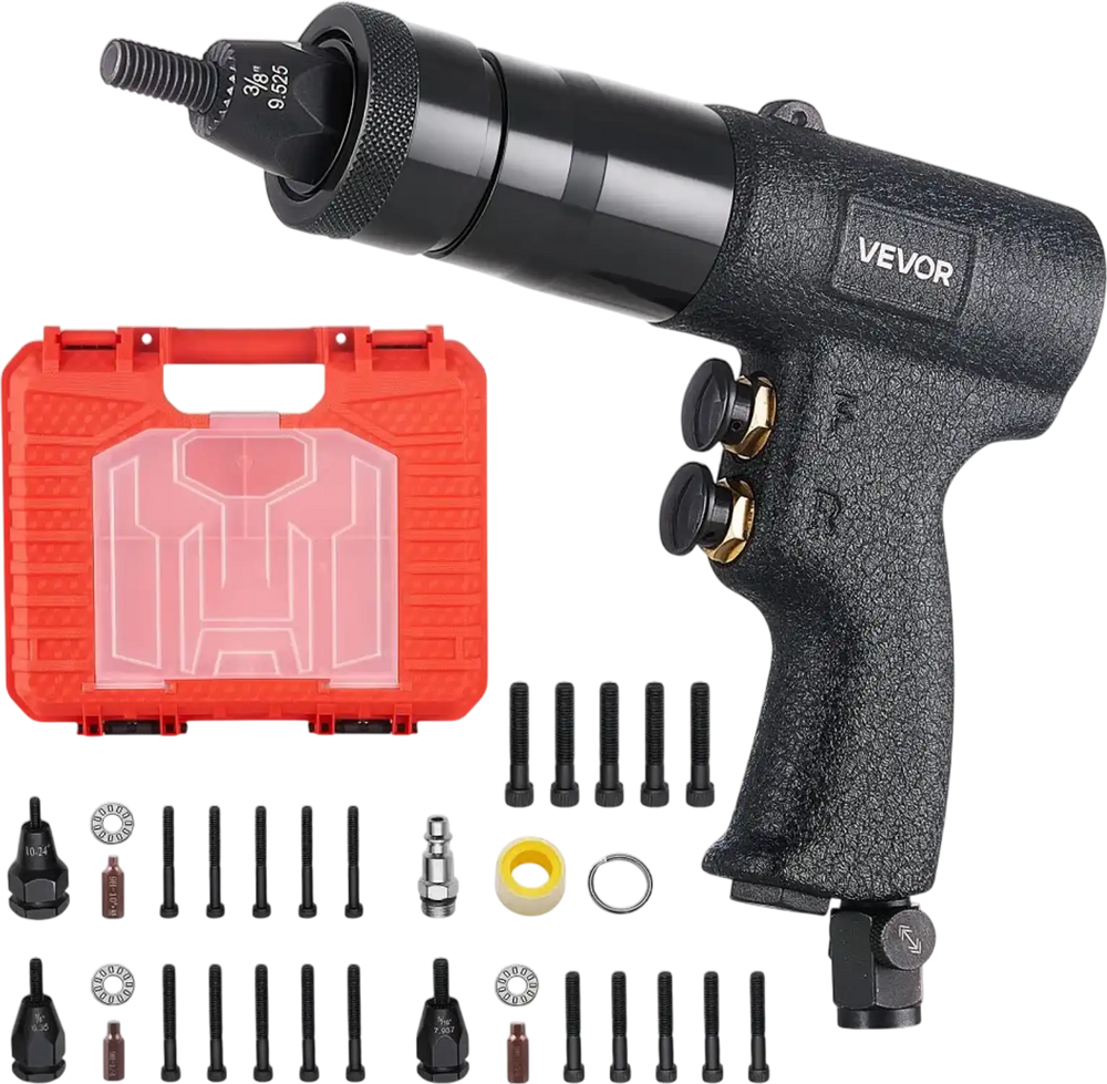 VEVOR Pneumatic Rivet Nut Gun Kit with 1/4" 5/16" 10/24" 3/8" Gun Heads, 20PCS Mandrels, 2500LBS Force, Forward & Reverse Switch, Air Rivet Nut Tool for Auto, Construction, Industrial Manufacturing