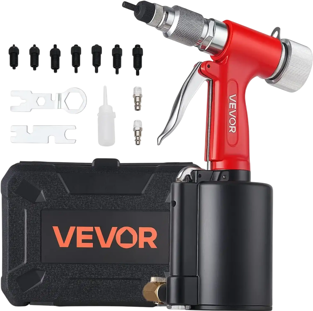 VEVOR Pneumatic Rivet Nut Gun Kit with 8PCS SAE & Metric Gun Heads, M4 M5 M6 M8 M10 1/4" 5/16" 3/8", 2680LBS Force, Air Rivet Nut Tool for Automotive, Construction, Industrial Manufacturing