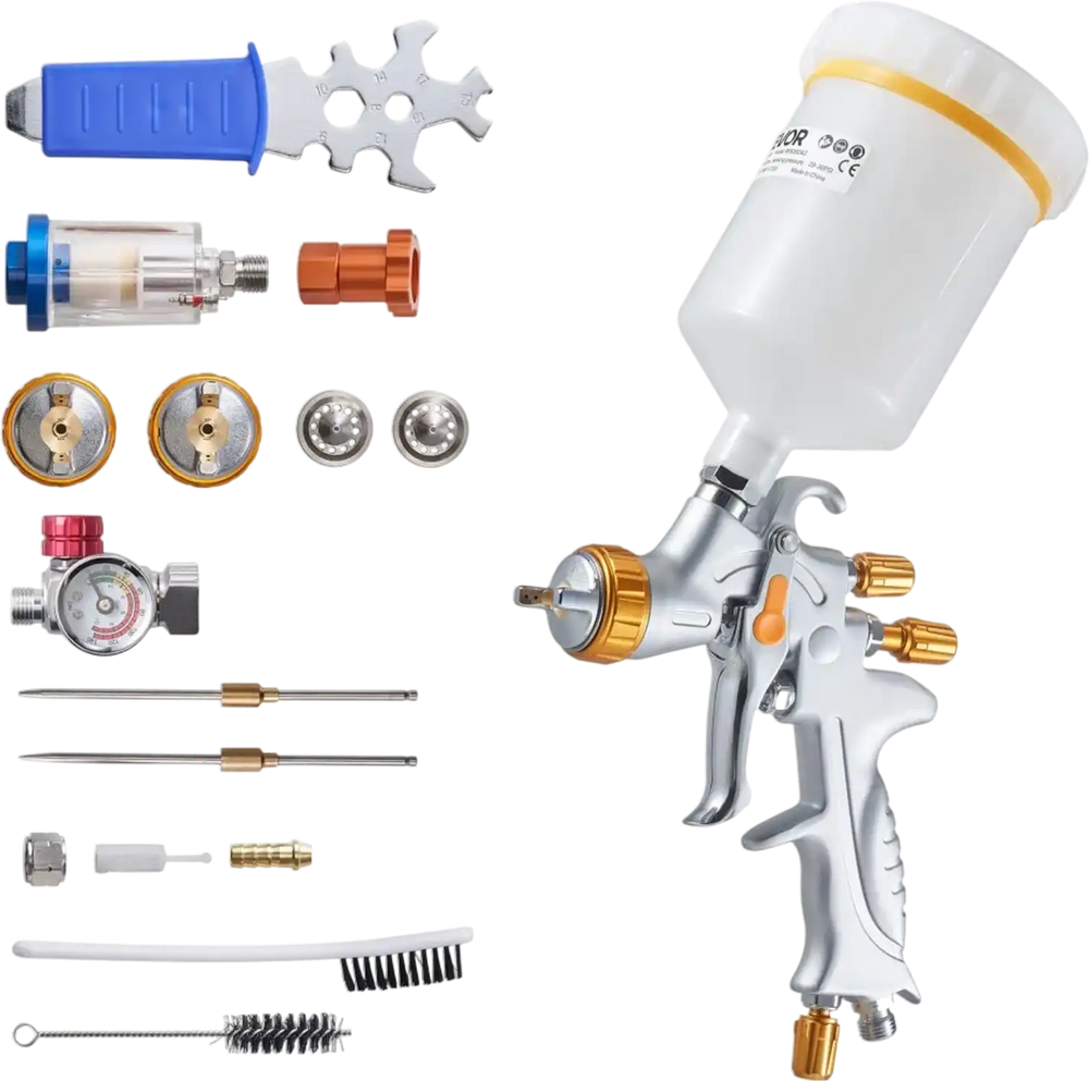 VEVOR HVLP Air Spray Gun, Gravity Feed Paint Sprayer Gun with 3 Nozzles (1.3/1.4/1.7mm), 600ml Capacity Auto Paint Sprayer with Air Regulator for Automotive Primers, Clear Coats & Topcoats