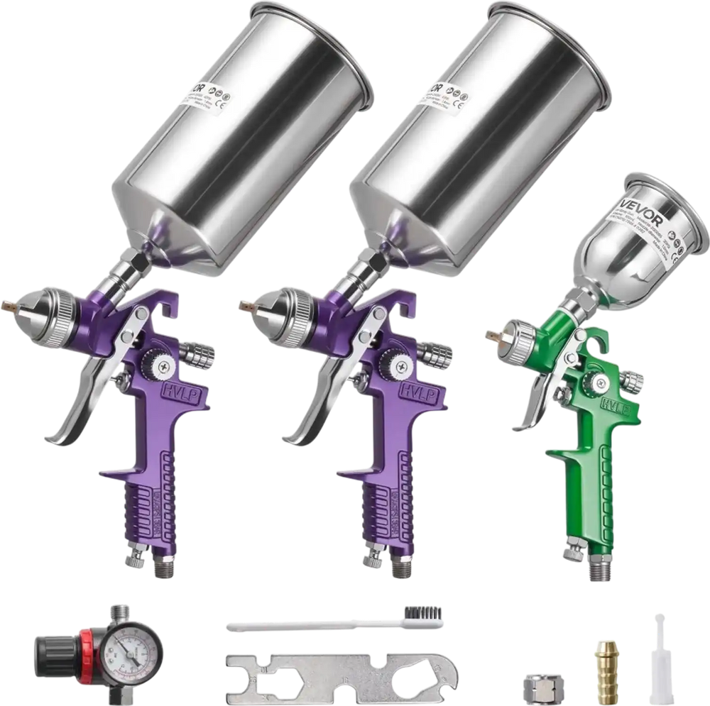 VEVOR 3-Piece Air Spray Gun Kit, Professional Auto Paint Spray Gun Set with 3 Nozzles (1/1.4/1.8mm), 3 Cups & Air Regulator, Gravity Feed Automotive Paint Sprayer for Primer, Topcoat & Touch-Up