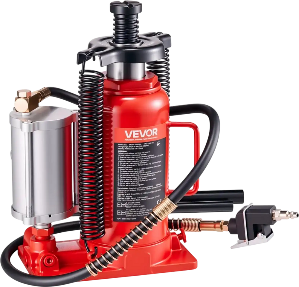 VEVOR Air Hydraulic Bottle Jack, 20 Ton (44092 lbs) Capacity, 10.2-19.5 Inch Lifting Range, Pneumatic/Manual Heavy Duty Welded Bottle Jack with Pump for Car, SUV, Pickup, Truck, RV, Auto Repair, Red