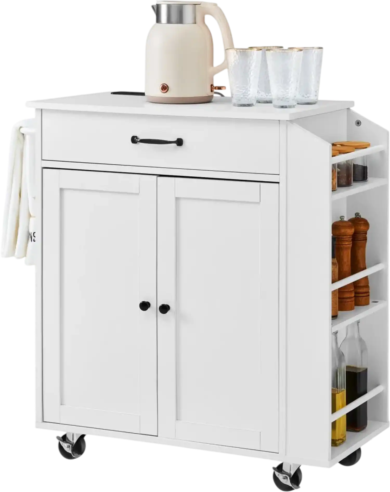 Vevor Kitchen Island Cart Rolling Storage Cabinet with Charging Station White New
