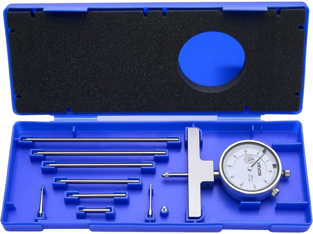 VEVOR Depth Gauge, Depth Micrometer 0-22 inch Measuring Range, 0.001" Resolution, with 4 Anvils & 6 Standard Rods, Precision Easy to Read Mechanical Tool for Measuring Groove, Step, Hole