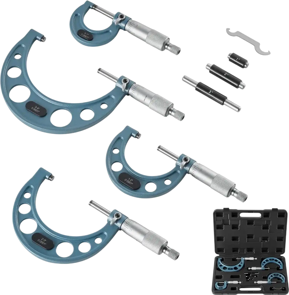 VEVOR 4 PCS Micrometer Set, 0-1"/1-2"/2-3"/3-4" Machinist Outside Micrometer, Ultra-Precision 0.0001 Accuracy, Professional Machinist Tools with Protective Case, for Metalworking & Engineering