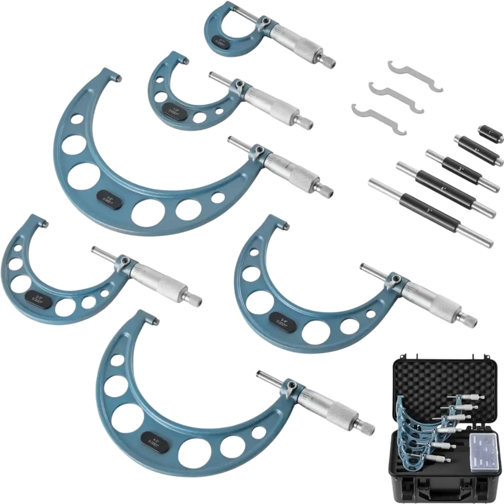 VEVOR 6 PCS Micrometer Set, 0-1"/1-2"/2-3"/3-4"/4-5"/5-6" Machinist Outside Micrometer, Precision 0.0001 Accuracy, Professional Machinist Tools with Protective Case, for Metalworking & Engineering