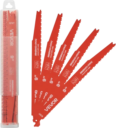 VEVOR Reciprocating Saw Blades, 25 Pack, 6/12 TPI Bi-Metal Reciprocating Saw Blade Set with Universal Shank, Sharp Teeth for Fast and Smooth Cuts, for Wood and Nail-Embedded Wood Demolition, Orange
