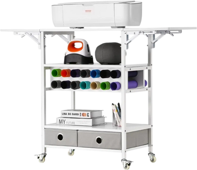 Vevor Craft Cart Rolling Storage Table with Foldable Sides and 14 Vinyl Roll Holders New