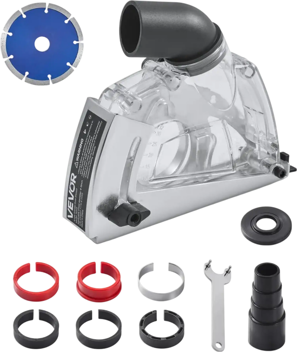 VEVOR Cutting Dust Shroud for Angle Grinders, Universal 4-5 in Angle Grinder Dust Shroud with 6 Clamping Washers & 5 in Diamond Grinding Cup Wheel, Adjustable Cutting Depth, Connect to Vacuum Cleaner