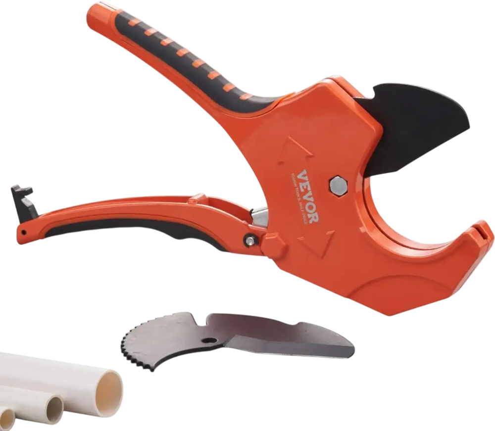 VEVOR PVC Pipe Cutter, 0-2-1/2" O.D. Ratcheting PVC Pipe Cutter, Heavy Duty Tube Cutting Tool with Spare SK5 Blade for PVC, CPVC, PP-R, PEX, PE, Rubber Hoses