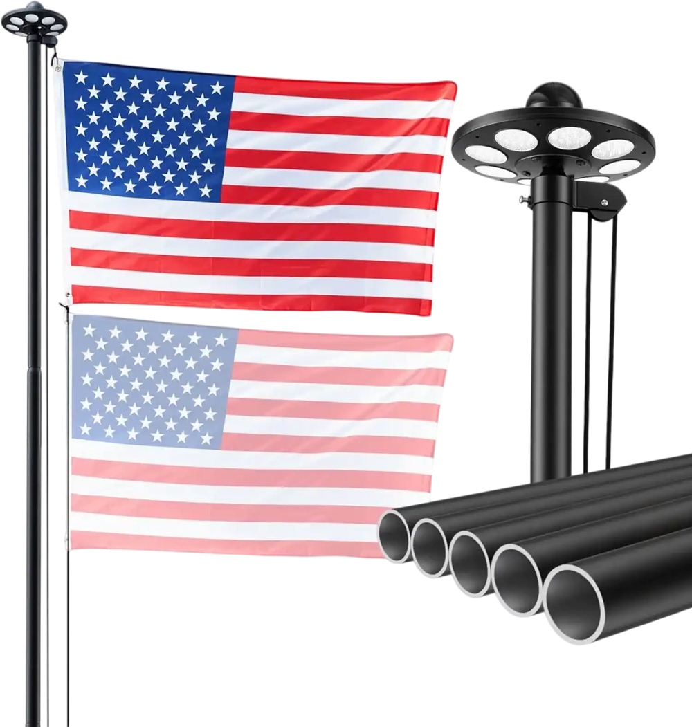 VEVOR Flag Pole, 20ft Heavy Duty Sectional Flagpole Kit with 136 LED Solar Light for Outside House In Ground, Outdoor Aluminum Flagpole with 3x5 American Flag for Yard, Residential, Commercial, Black