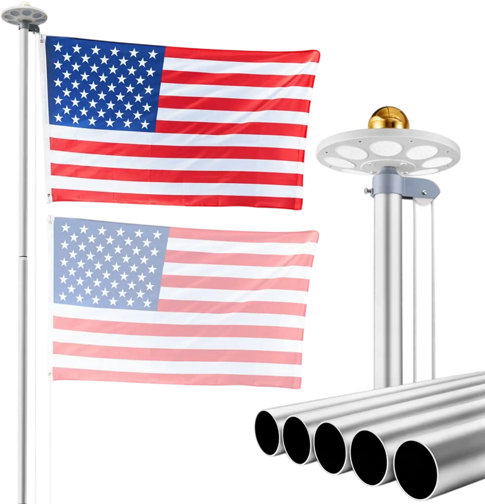 VEVOR Flag Pole, 20ft Heavy Duty Sectional Flagpole Kit with 136 LED Solar Light for Outside House In Ground, Outdoor Aluminum Flagpole with 3x5 American Flag for Yard, Residential, Commercial, Silver