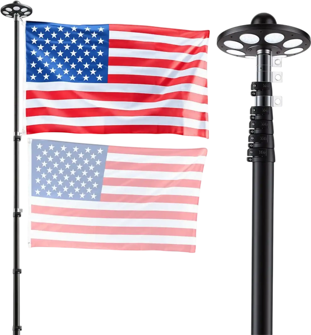 VEVOR Flag Pole, 20ft Heavy Duty Telescopic Flagpole Kit with 136 LED Solar Light for Outside House In Ground, Outdoor Aluminum Flagpole with 3x5 American Flag for Yard, Residential, Commercial, Black