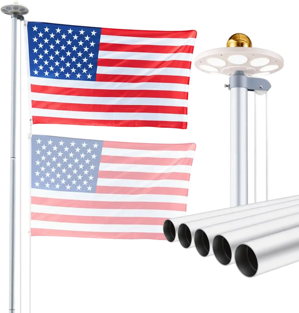 VEVOR Flag Pole, 25ft Heavy Duty Sectional Flagpole Kit with 136 LED Solar Light for Outside House In Ground, Outdoor Aluminum Flagpole with 3x5 American Flag for Yard, Residential, Commercial, Silver