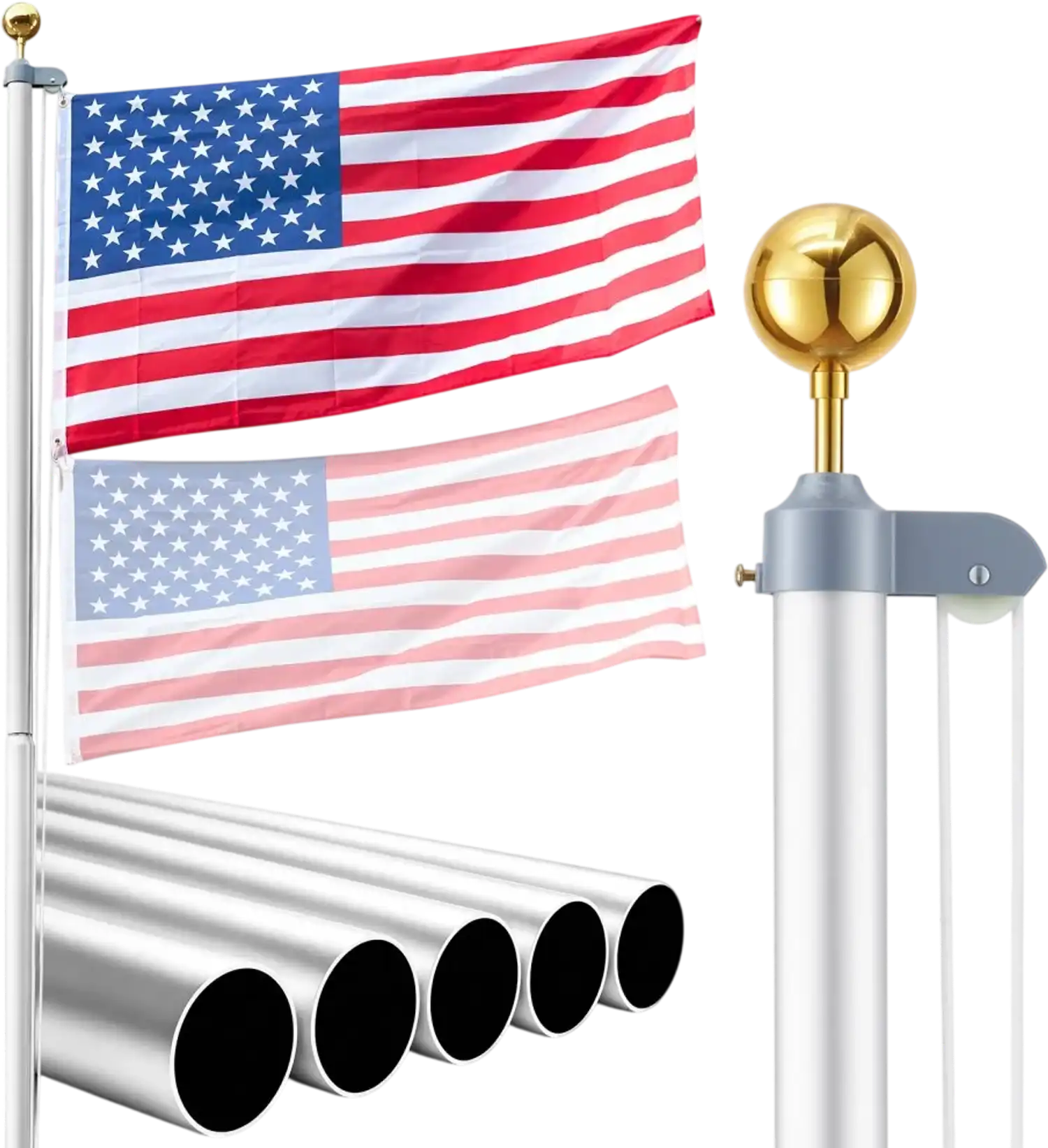 Vevor Flagpole Kit 25' Heavy Duty Sectional Outdoor Aluminum with 3' x 5' American Flag Silver New