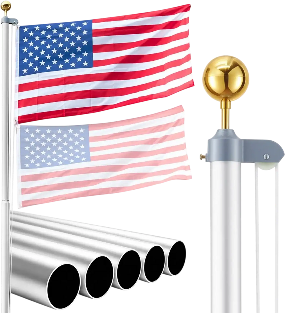 VEVOR Flag Pole, 25ft Heavy Duty Sectional Flagpole Kit for Outside House In Ground, Extra Thick Outdoor Aluminum Flagpole Kit with 3x5 American Flag for Yard, Residential or Commercial Use, Silver