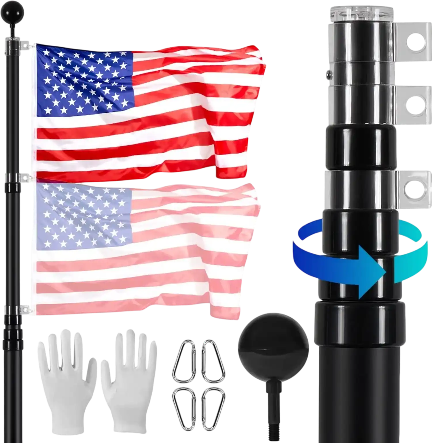 Vevor Flagpole 20' Telescopic Aluminum Alloy Kit with 3x5 American Flag Black New