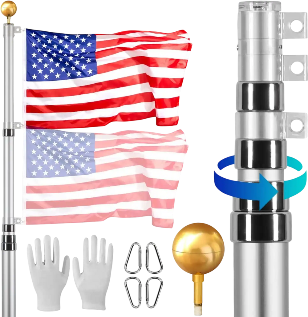 VEVOR 20FT Telescoping Flag pole Kit, Heavy Duty Aluminum Alloy in Ground Flag Poles for Outside, 3 Display Modes Flagpole with 3x5 American Flag, Professional Accessories, Silver