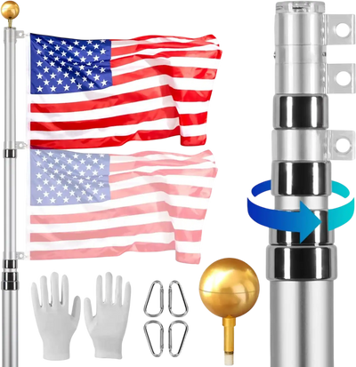VEVOR 25FT Telescoping Flag pole Kit, Heavy Duty Aluminum Alloy in Ground Flag Poles for Outside, 3 Display Modes Flagpole with 3x5 American Flag, Professional Accessories, Silver