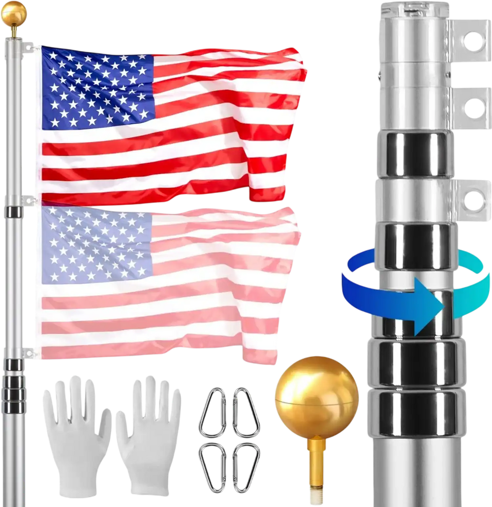 VEVOR 30FT Telescoping Flag pole Kit, Heavy Duty Aluminum Alloy in Ground Flag Poles for Outside, 3 Display Modes Flagpole with 3x5 American Flag, Professional Accessories, Silver