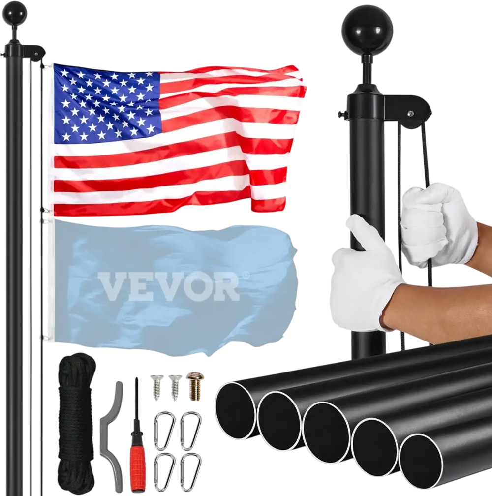 VEVOR 20FT Sectional Flag pole Kit, Heavy Duty Aluminum Alloy in Ground Flag poles for Outside, 3 Display Modes Flagpole with 3x5 American Flag, Professional Accessories, Black