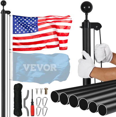 VEVOR 30FT Sectional Flag pole Kit, Heavy Duty Aluminum Alloy in Ground Flag poles for Outside, 3 Display Modes Flagpole with 3x5 American Flag, Professional Accessories, Black