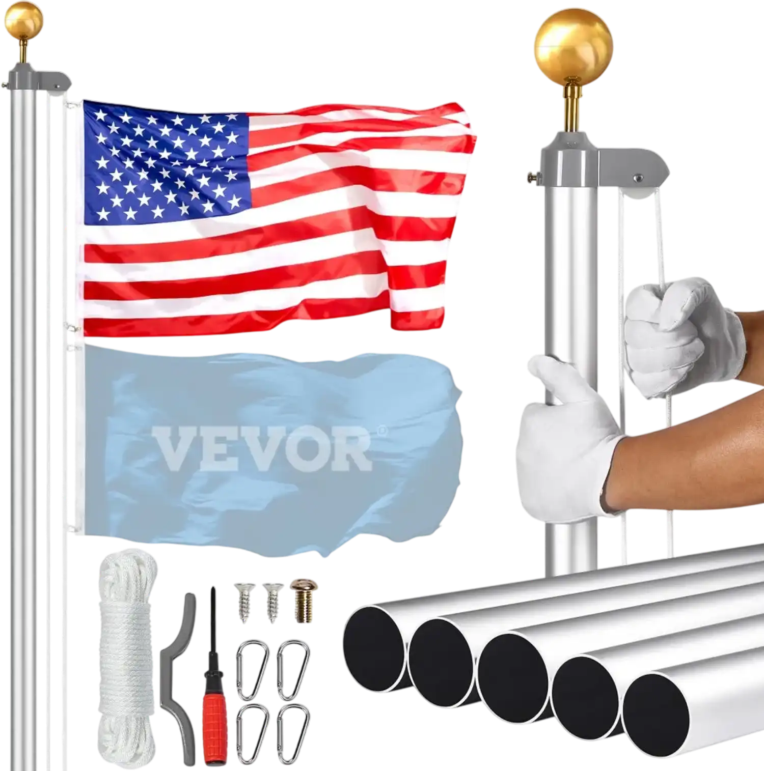 Vevor Flagpole Kit 25' Heavy-Duty Aluminum Alloy Sectional Outdoor Flag Pole with American Flag Silver New
